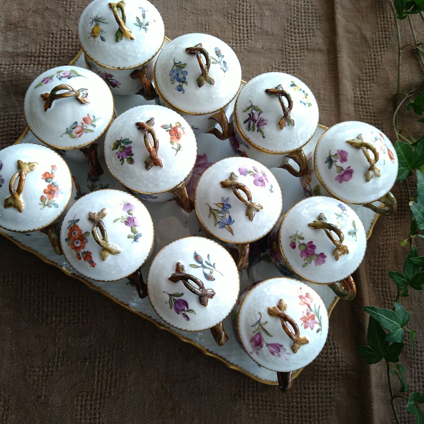 RoyalCopenhagenサクソンフラワーカスタードカップ12個トレイ付き/SaxonFlowerCusturdCupWithTray