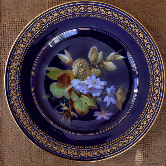 1924年以前Meissenマイセン雪割草とネコヤナギのキャビネットプレート自然主義様式絵付け/コバルト/金彩/直径約23㎝D