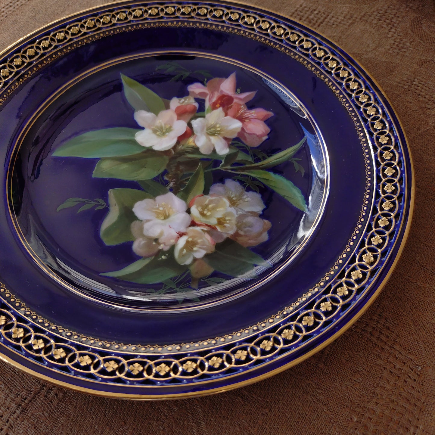 1924年以前Meissenマイセンのキャビネットプレート自然主義様式絵付けウツギの花/コバルト/金彩/直径約23㎝D