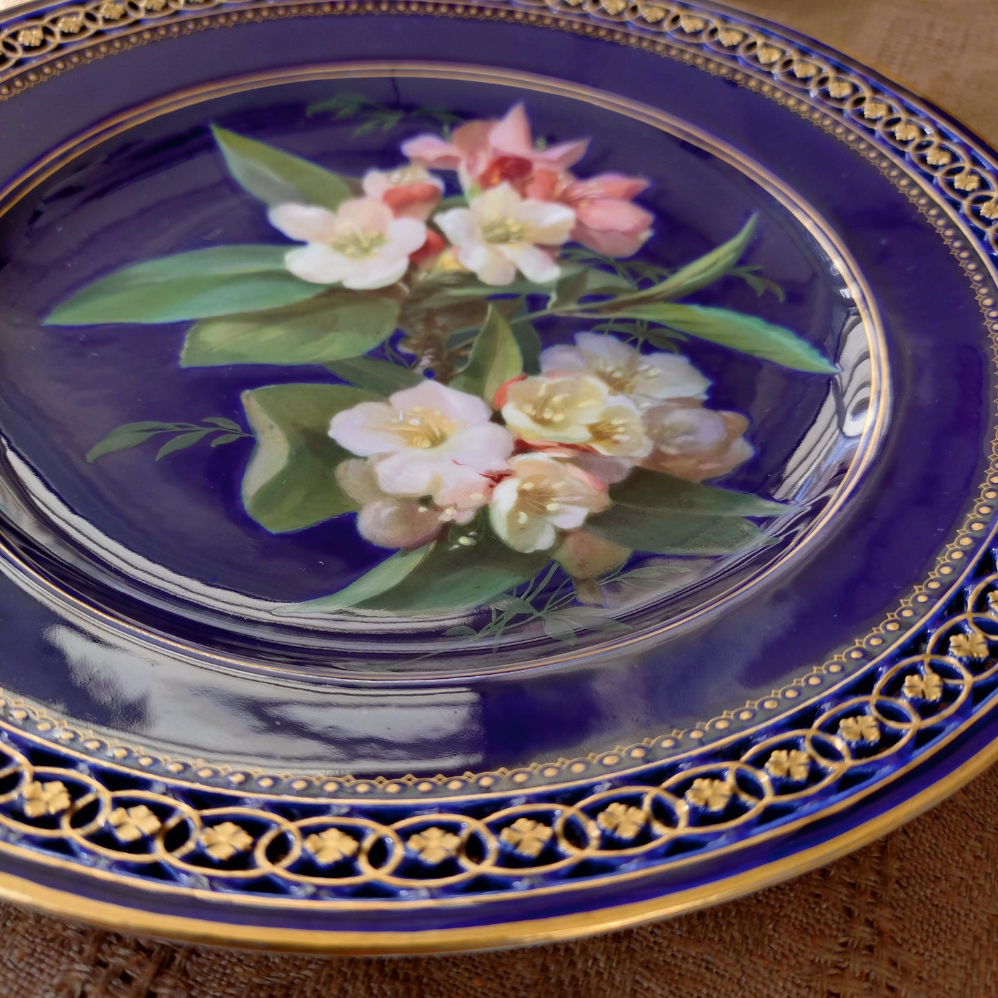 1924年以前Meissenマイセンのキャビネットプレート自然主義様式絵付けウツギの花/コバルト/金彩/直径約23㎝D