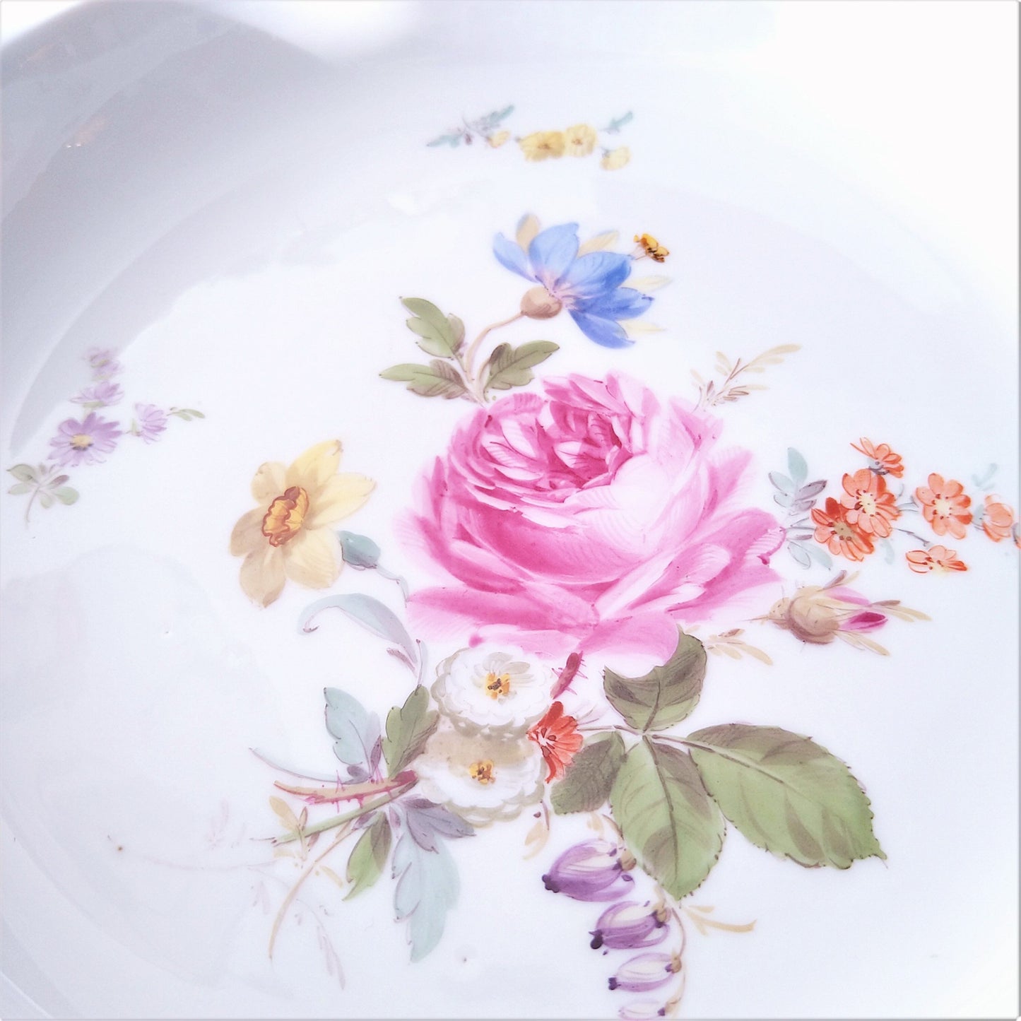 1860～1924年Meissen花と昆虫の絵のスープ深皿23.5㎝ピンクのバラ/Soup plate 23,5cmD