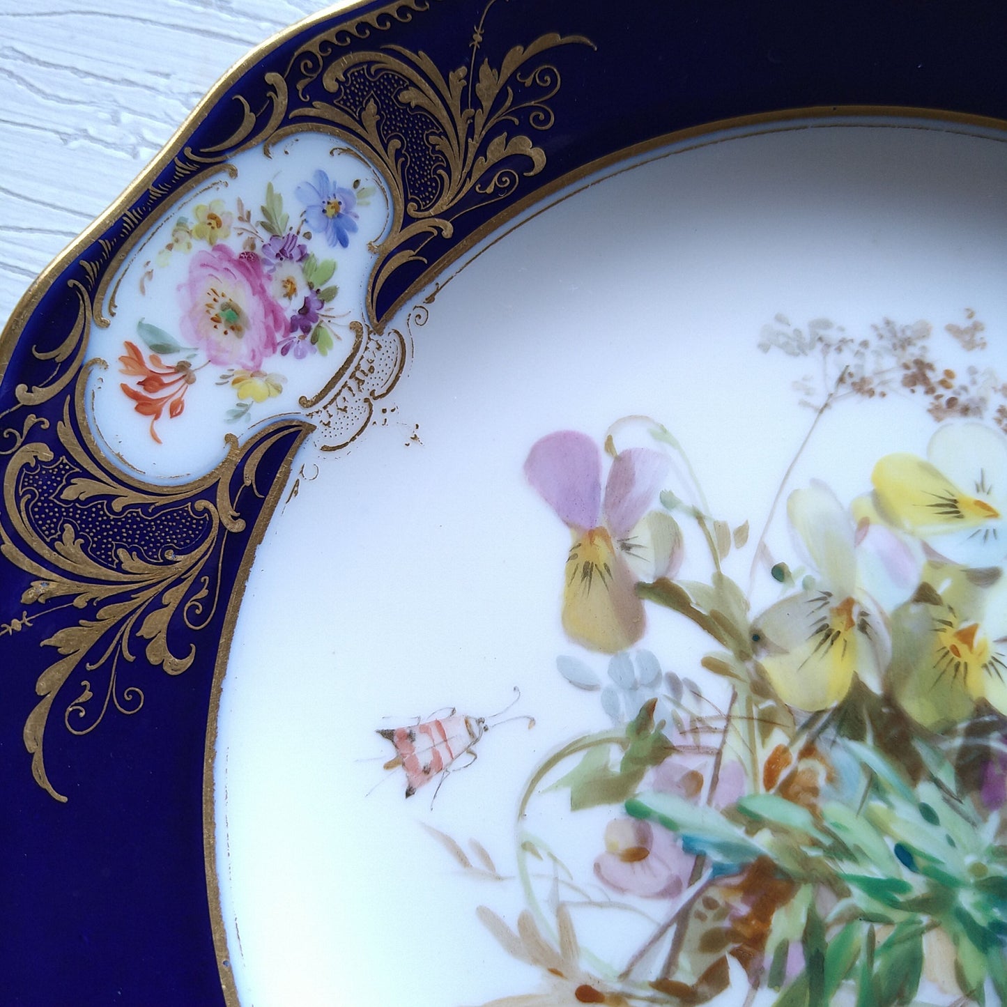 Meissen マイセンコバルトフォンド自然主義絵付け直径約25㎝D三色すみれ/MeissenCobalt FondPlate