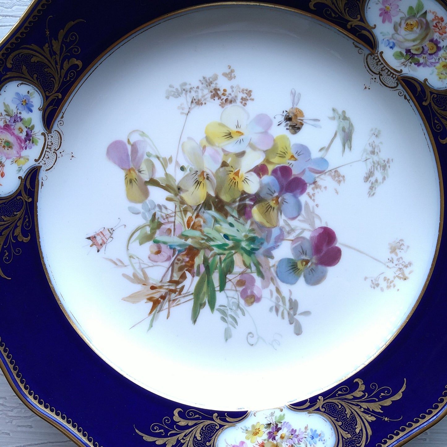 Meissen マイセンコバルトフォンド自然主義絵付け直径約25㎝D三色すみれ/MeissenCobalt FondPlate