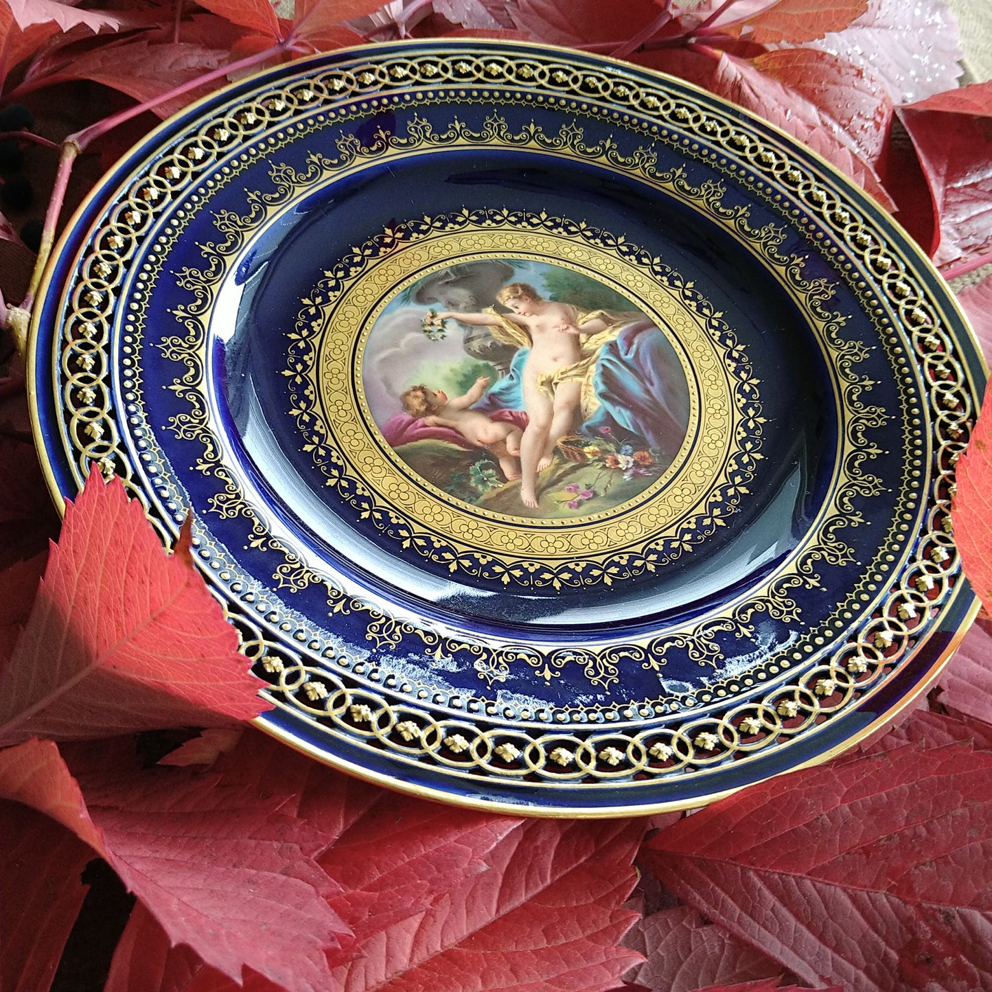 Meissen ヴィーナスと天使のコバルトのキャビネットプレート直径約23㎝D