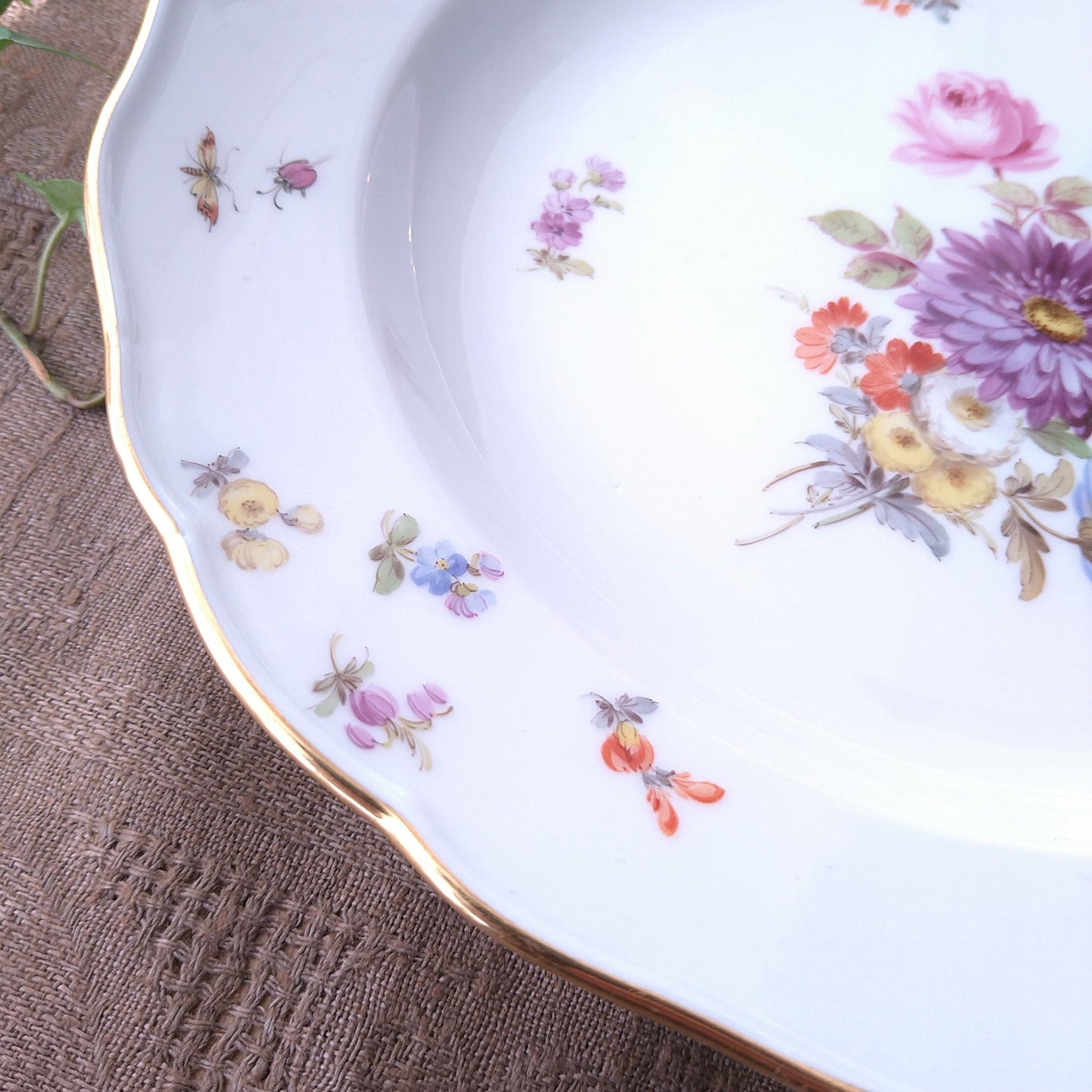 1860～1924年Meissen花と昆虫の絵 ディナープレート24㎝D紫のアスターとピンクのバラ/Dinnar plate