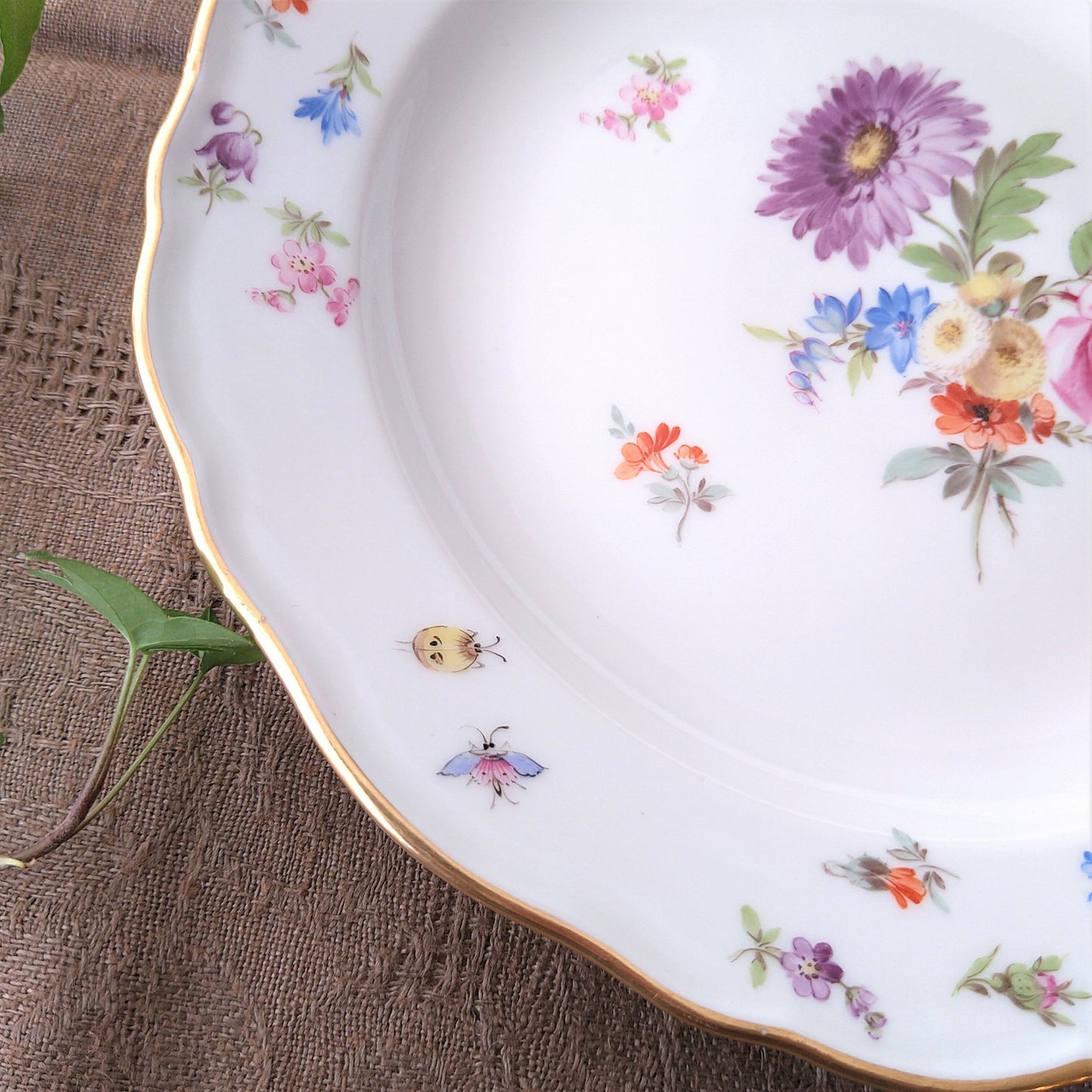 1860～1924年Meissen花と昆虫の絵の前菜皿21㎝D紫のアスターとバラ/Plate21cm D