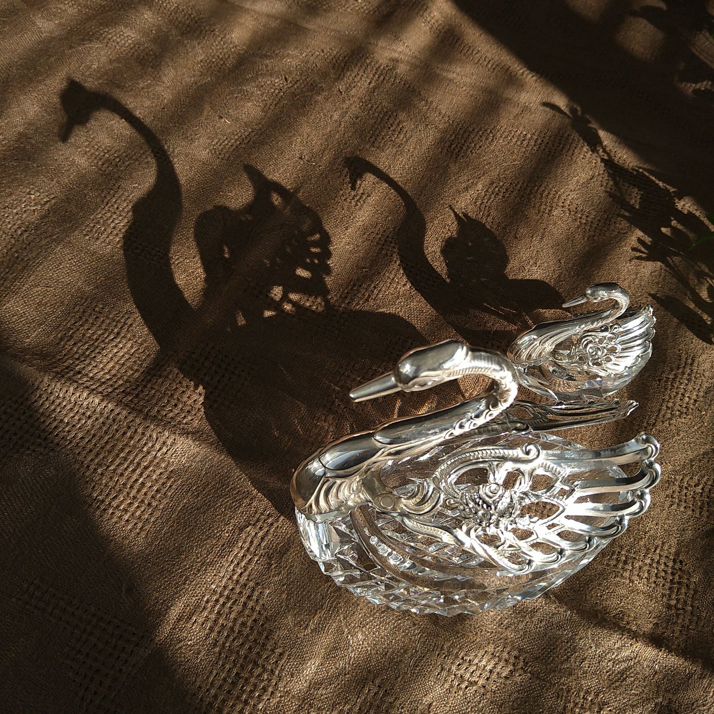 ヴィンテージのスウェーデンシルバー835/クリスタルガラスの大きな白鳥,　SwedenVintageSilver835/ LeadGlassSwan