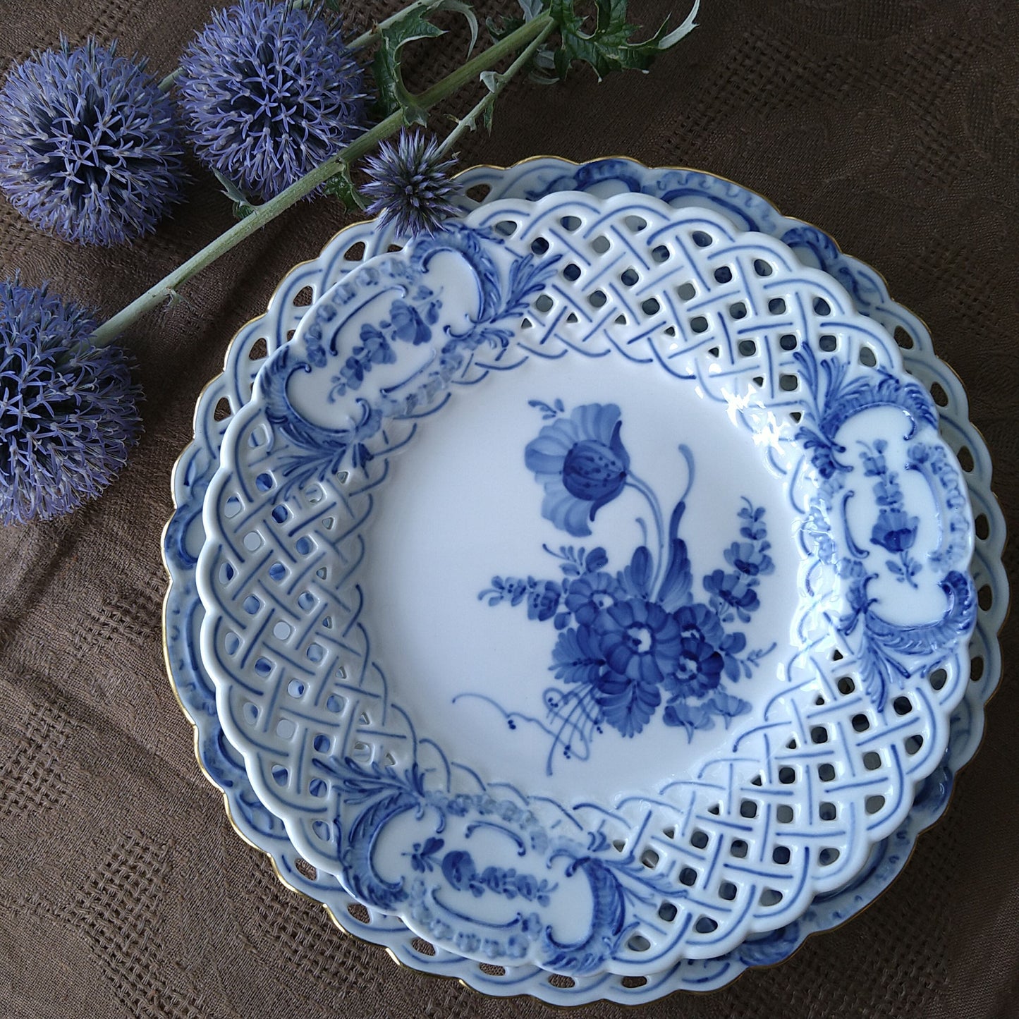 1975～1979年のRoyalCopenhagenブルーフラワーのオープンワークのお皿は直径約21cmD/BlueFlowerLacePlate