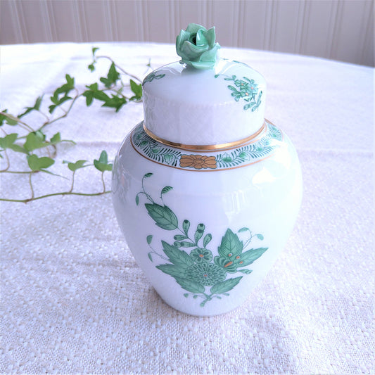 蓋の花にわずかなタメージありHerendヘレンドアポニーグリーンのティーキャディ高さ約15cmH /Tea Caddy
