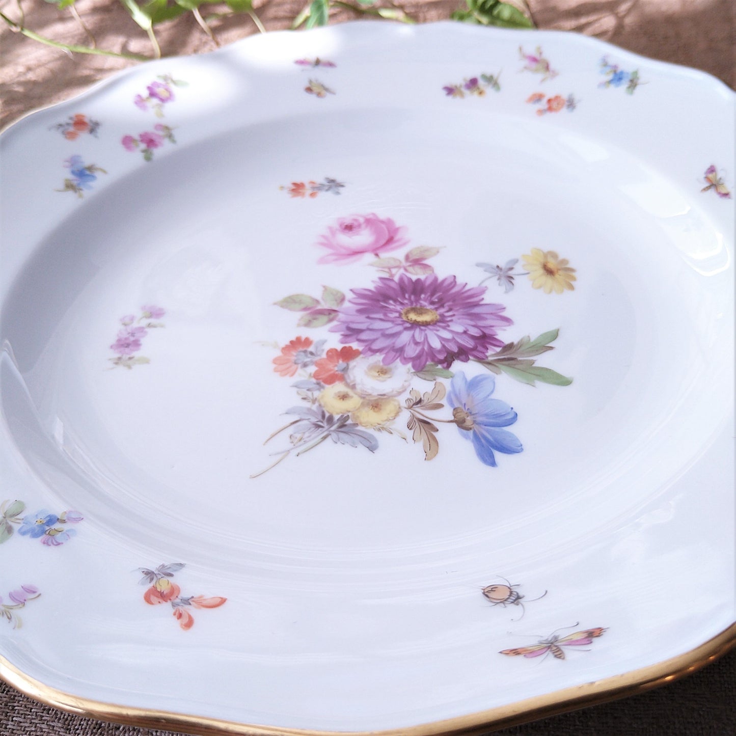1860～1924年Meissen花と昆虫の絵 ディナープレート24㎝D紫のアスターとピンクのバラ/Dinnar plate