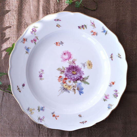 1860～1924年Meissen花と昆虫の絵 ディナープレート24㎝D紫のアスターとピンクのバラ/Dinnar plate