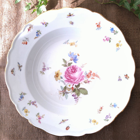 1860～1924年Meissen花と昆虫の絵のスープ深皿23.5㎝ピンクのバラ/Soup plate 23,5cmD