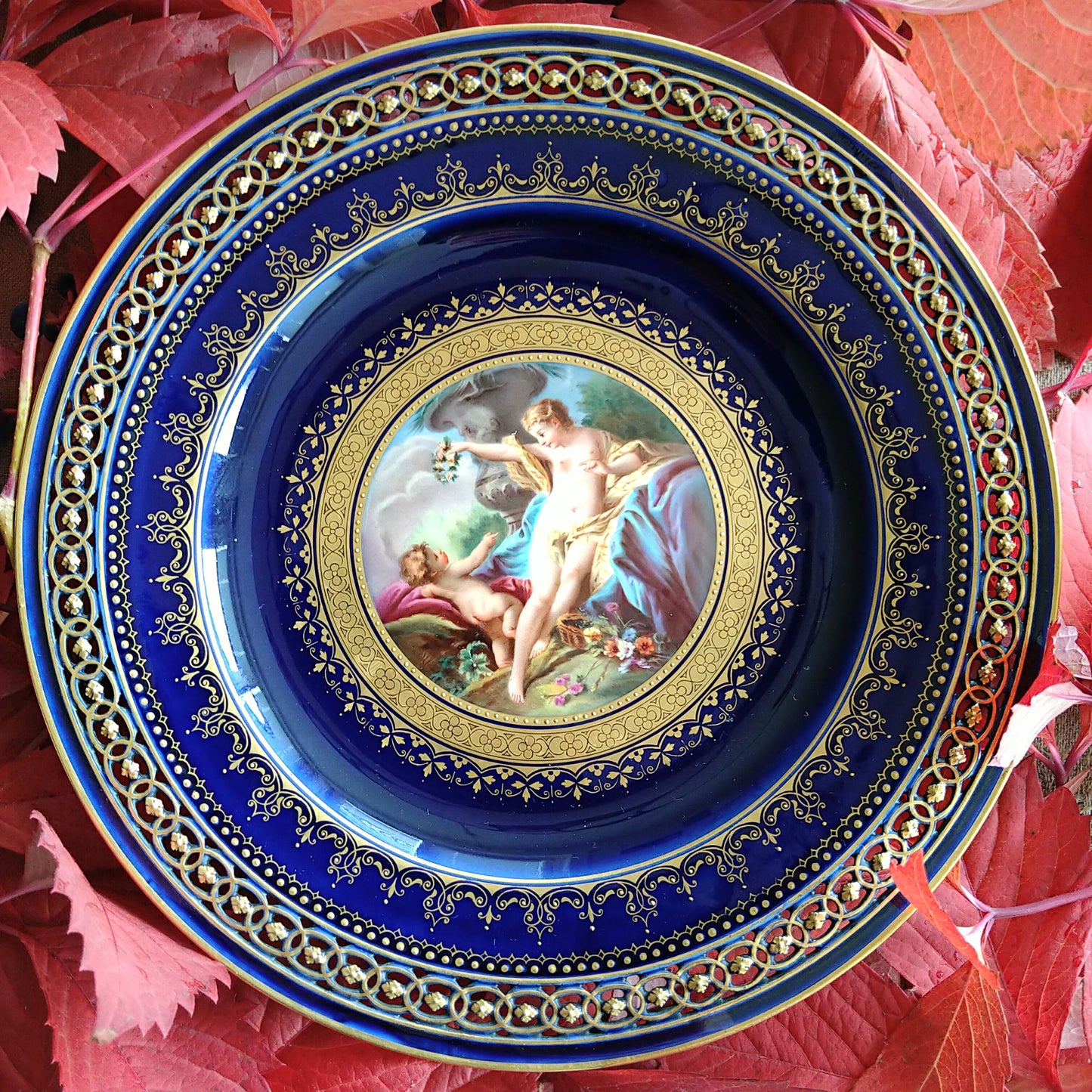 Meissen ヴィーナスと天使のコバルトのキャビネットプレート直径約23㎝D