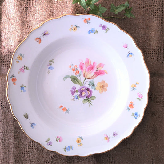1860～1924年Meissen花と昆虫の絵のスープ深皿23.5㎝ピンクのチューリップ/Soup Plate23.5cmD