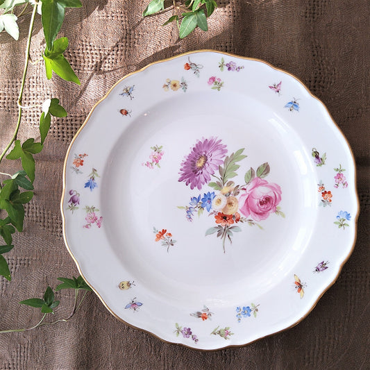 1860～1924年Meissen花と昆虫の絵の前菜皿21㎝D紫のアスターとバラ/Plate21cm D