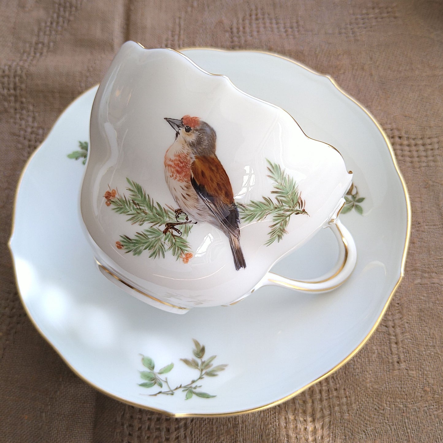 Meissenマイセン1970年頃ドイツの鳥ムネアカヒワのコーヒーカップソーサー