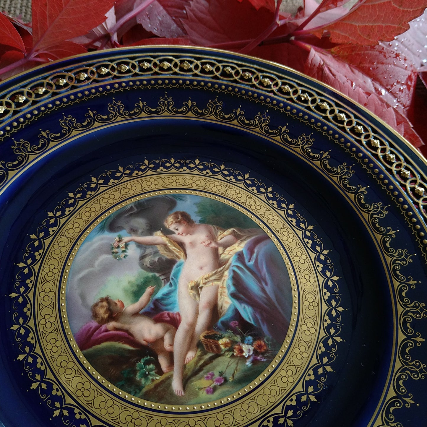 Meissen ヴィーナスと天使のコバルトのキャビネットプレート直径約23㎝D