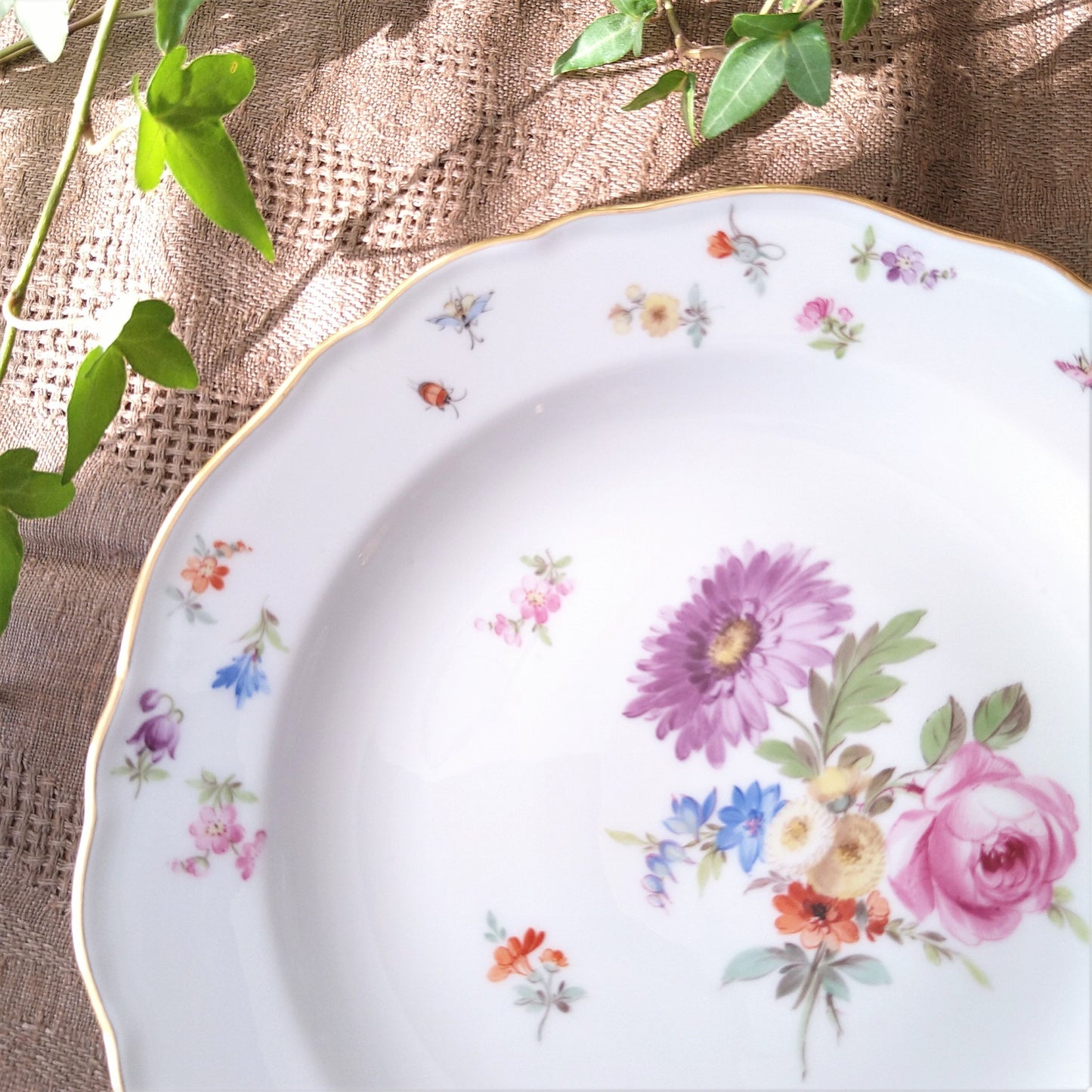 1860～1924年Meissen花と昆虫の絵の前菜皿21㎝D紫のアスターとバラ/Plate21cm D