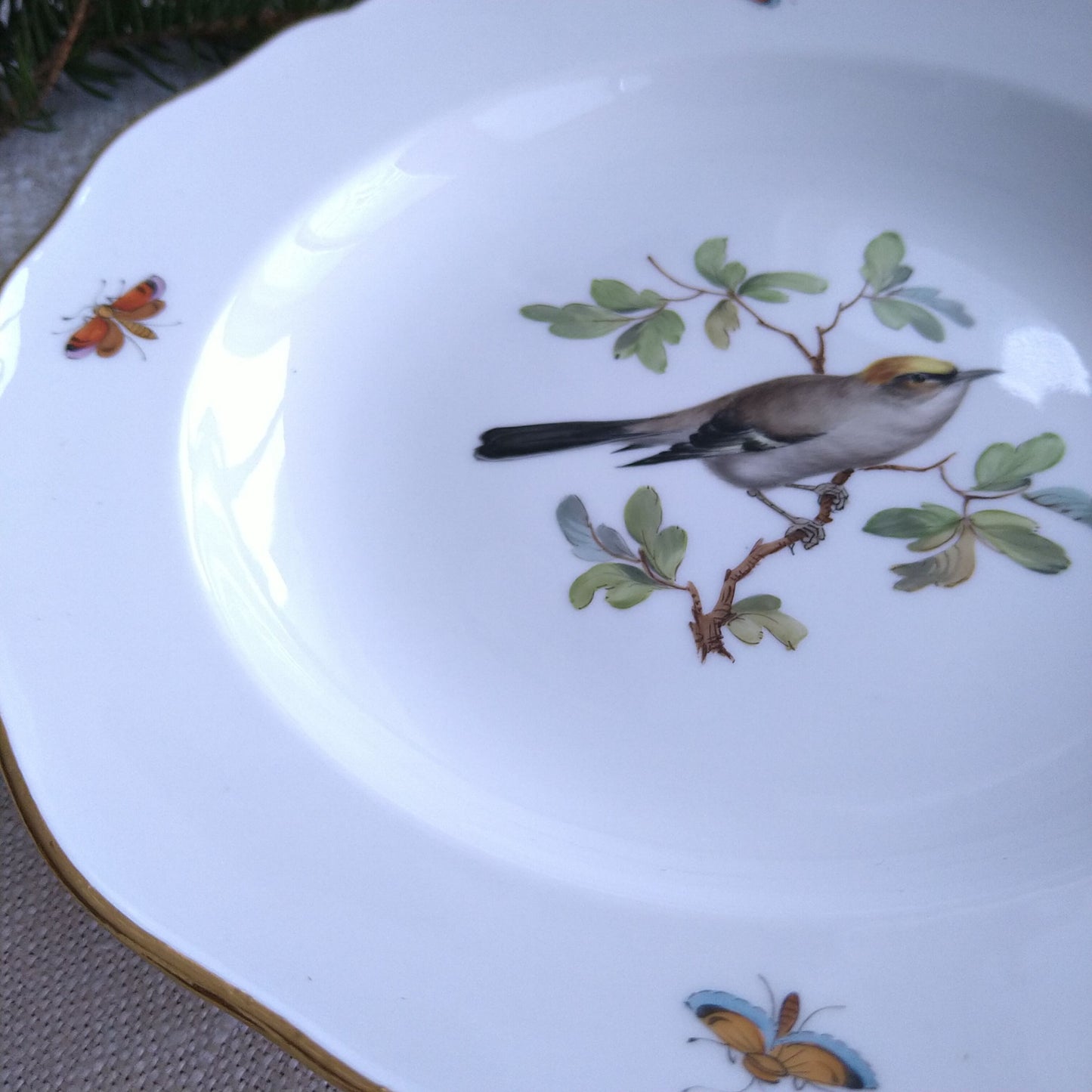 Meissenマイセンドイツの小鳥、アオカワラヒワ？直径約19.5㎝のプレート、1924年以前