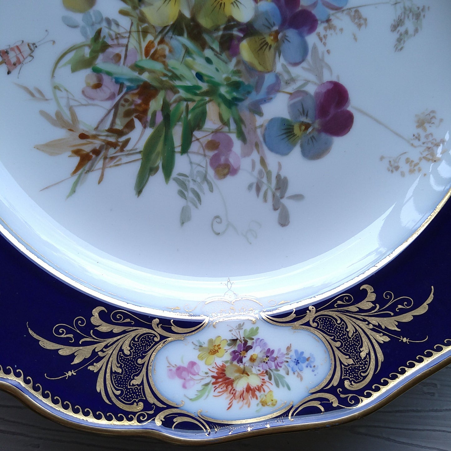 Meissen マイセンコバルトフォンド自然主義絵付け直径約25㎝D三色すみれ/MeissenCobalt FondPlate