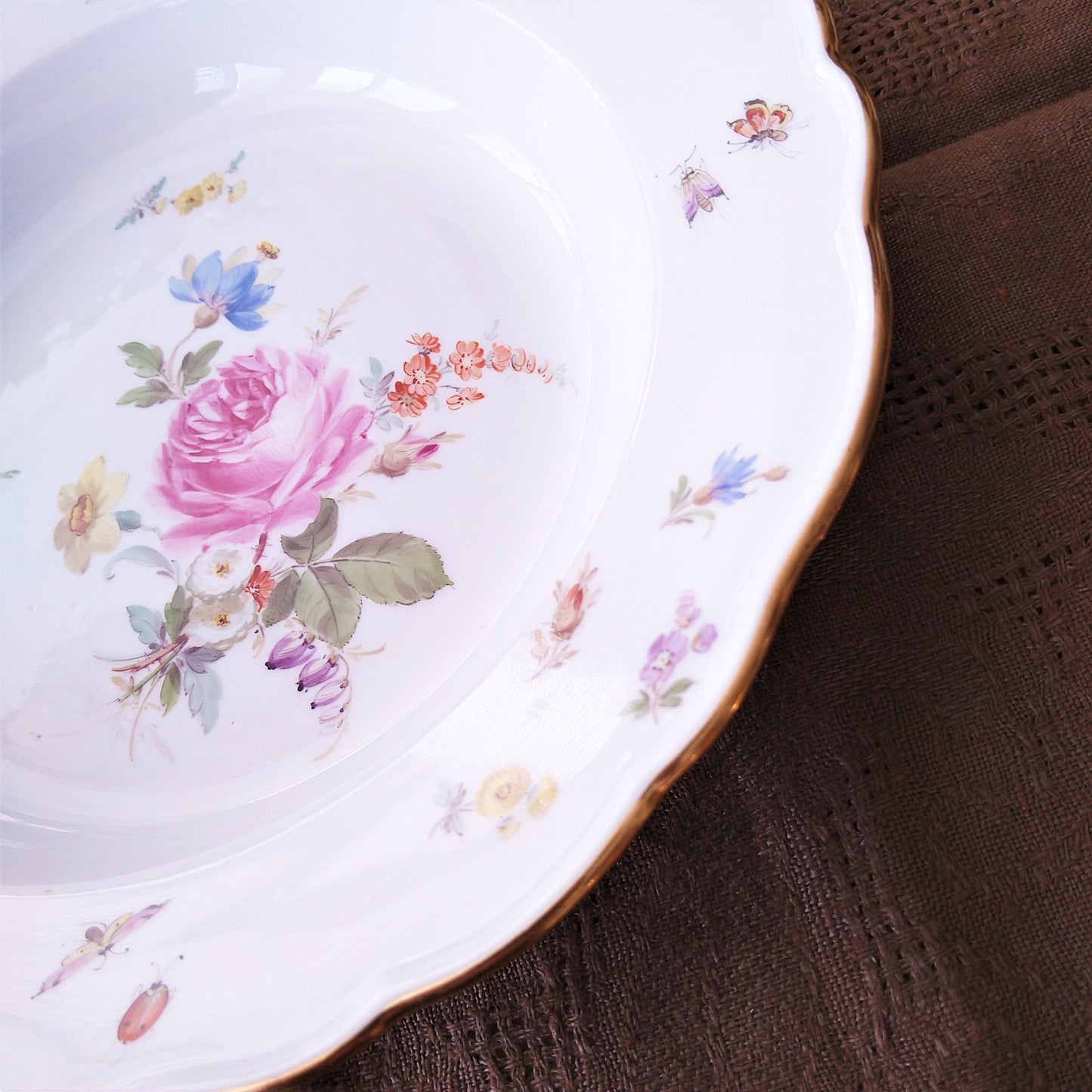 1860～1924年Meissen花と昆虫の絵のスープ深皿23.5㎝ピンクのバラ/Soup plate 23,5cmD