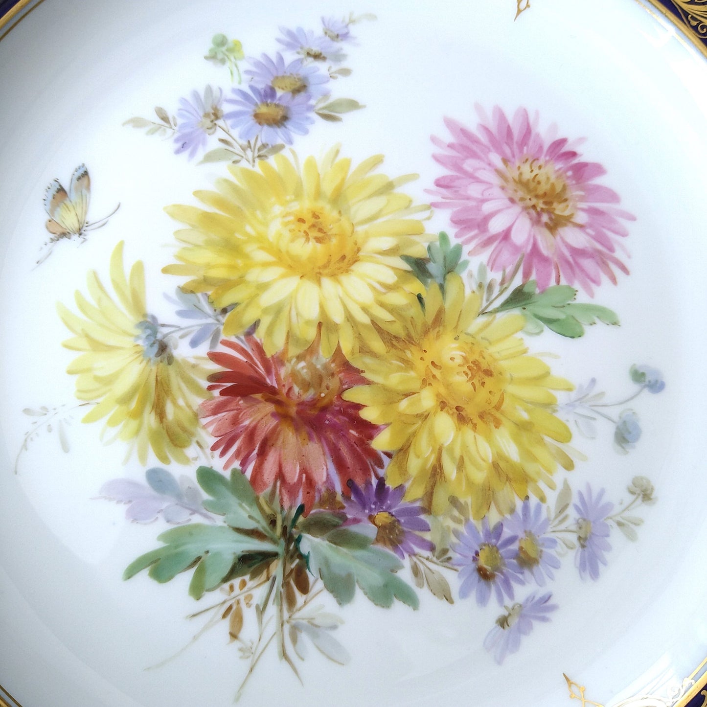 1850～1924年Meissenコバルトフォンドのプレート直径約21.5㎝D 小菊/アスターのブーケ