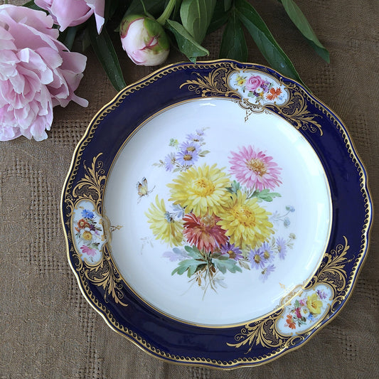 1850～1924年Meissenコバルトフォンドのプレート直径約21.5㎝D 小菊/アスターのブーケ