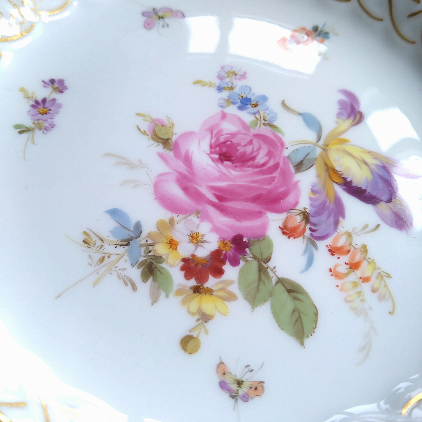 1924年以前Meissenマイセンオープンワークとドイツフラワー金彩のコンポート高さ約6.5㎝H直径約21㎝D