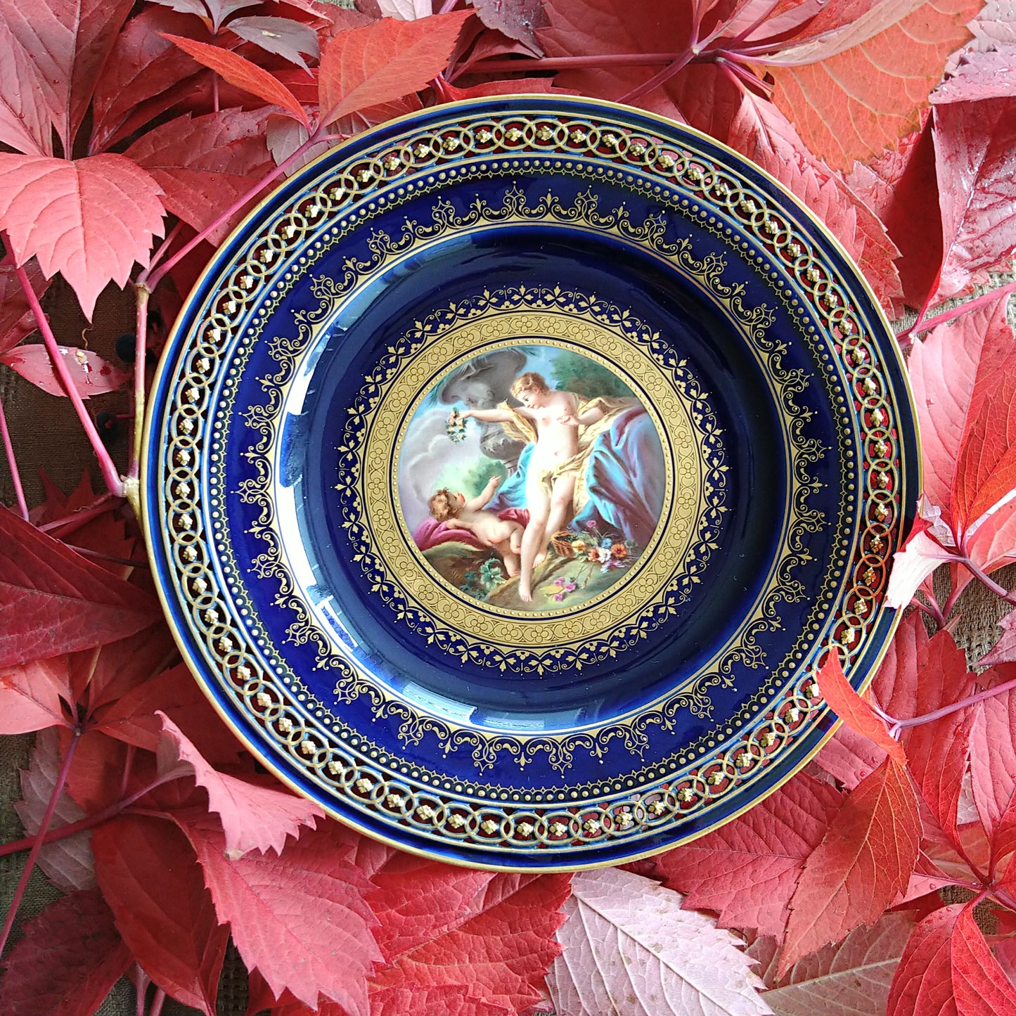 Meissen ヴィーナスと天使のコバルトのキャビネットプレート直径約23㎝D