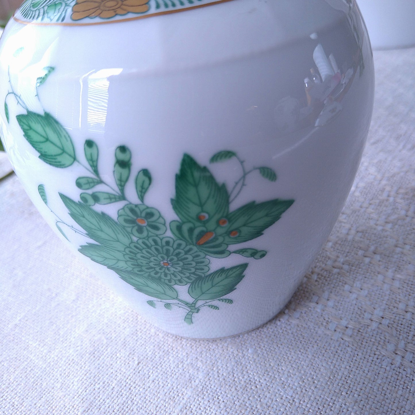 蓋の花にわずかなタメージありHerendヘレンドアポニーグリーンのティーキャディ高さ約15cmH /Tea Caddy