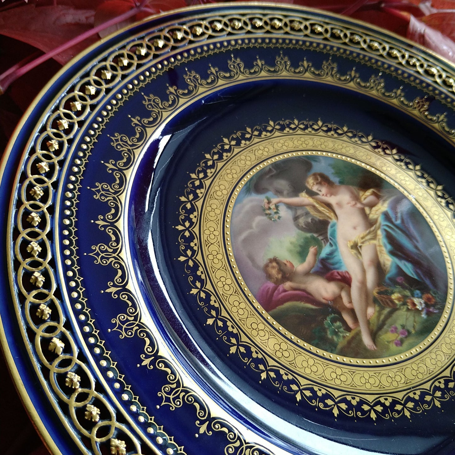 Meissen ヴィーナスと天使のコバルトのキャビネットプレート直径約23㎝D