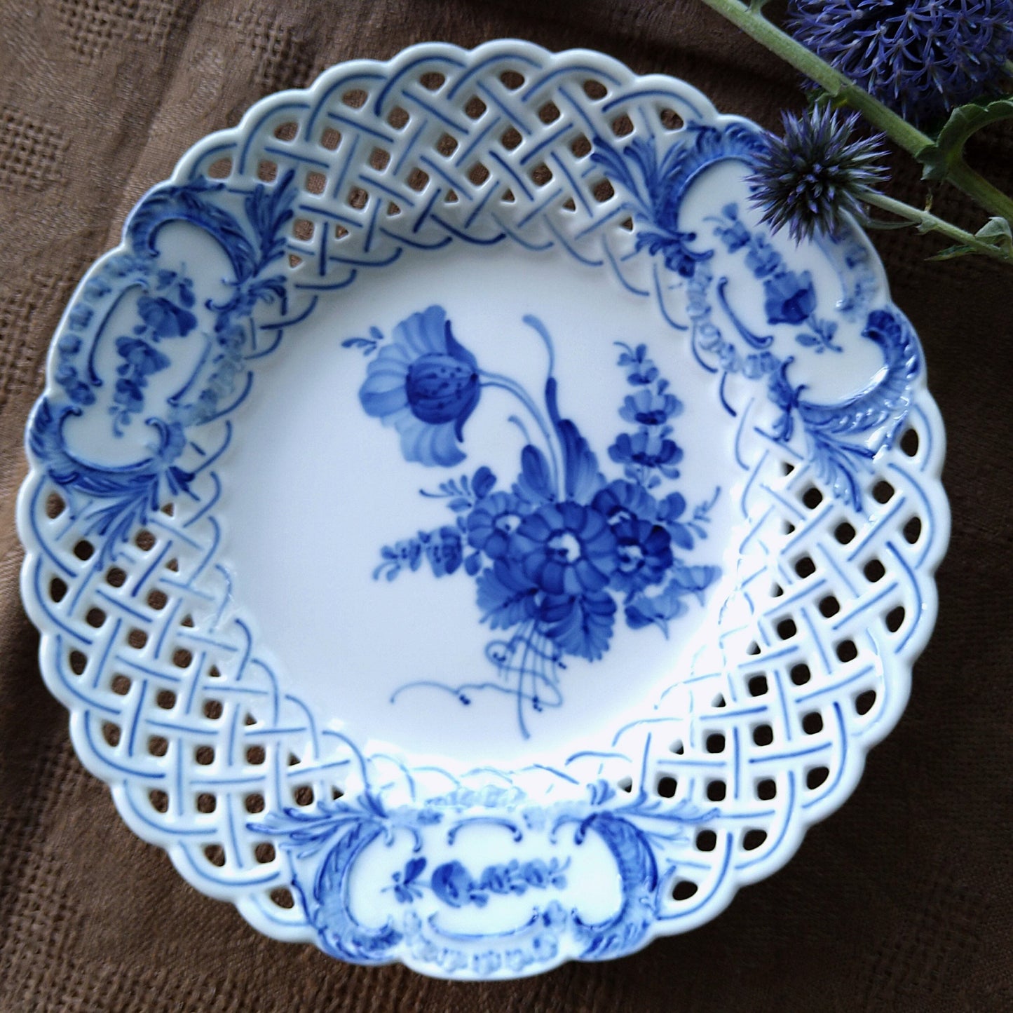 1975～1979年のRoyalCopenhagenブルーフラワーのオープンワークのお皿は直径約21cmD/BlueFlowerLacePlate