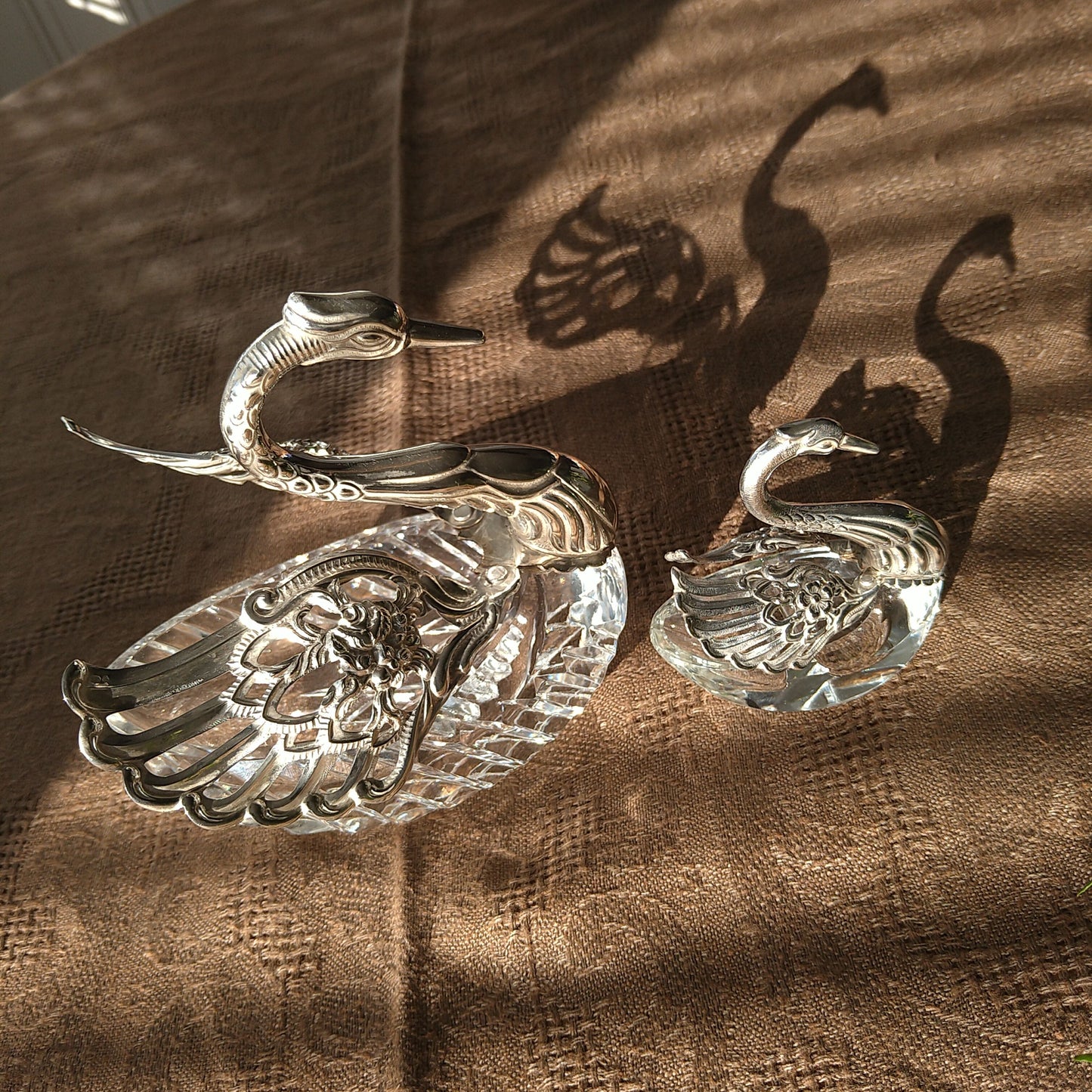 ヴィンテージのスウェーデンシルバー835/クリスタルガラスの大きな白鳥,　SwedenVintageSilver835/ LeadGlassSwan