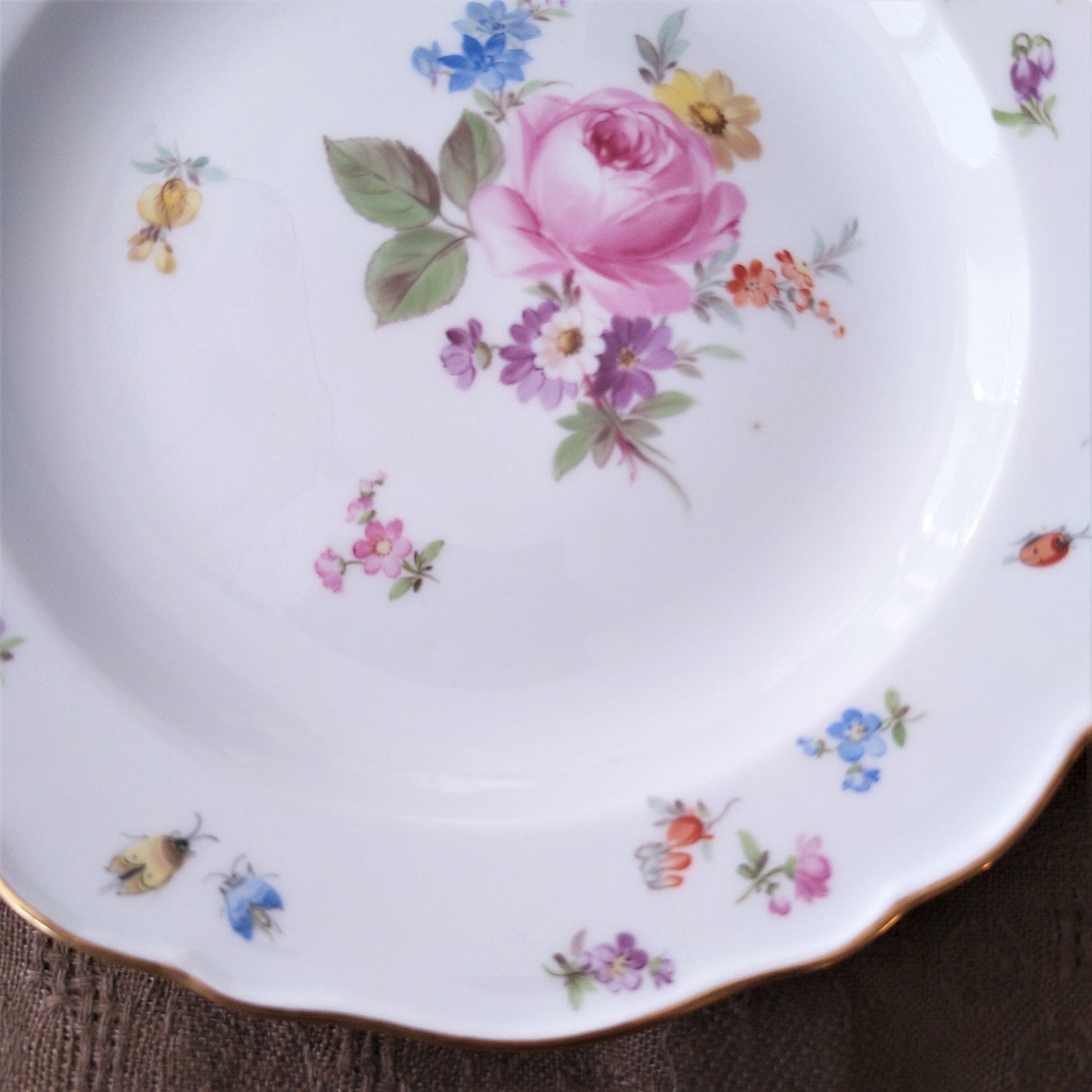 1860～1924年Meissen花と昆虫の絵 前菜皿21㎝Dピンクのバラと小花/21㎝Plate