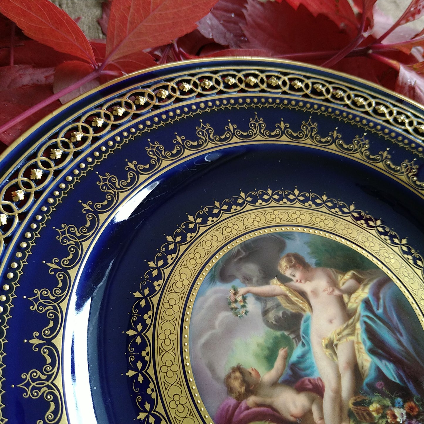 Meissen ヴィーナスと天使のコバルトのキャビネットプレート直径約23㎝D