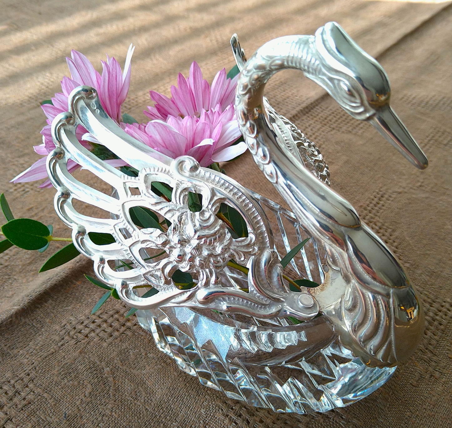 ヴィンテージのスウェーデンシルバー835/クリスタルガラスの大きな白鳥,　SwedenVintageSilver835/ LeadGlassSwan