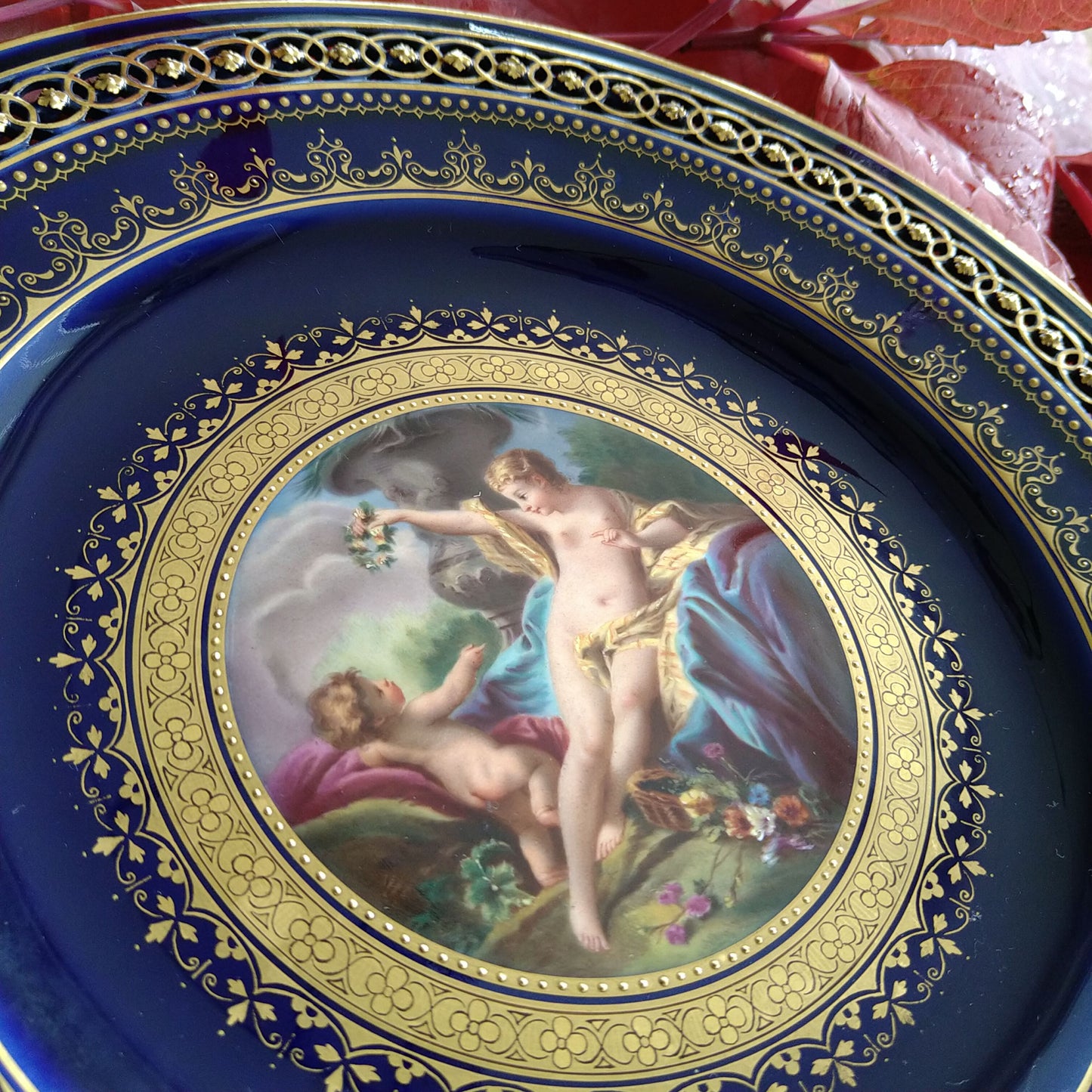 Meissen ヴィーナスと天使のコバルトのキャビネットプレート直径約23㎝D